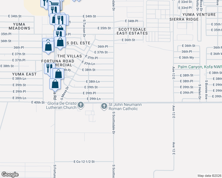 map of restaurants, bars, coffee shops, grocery stores, and more near 11462 East 39th Street in Yuma