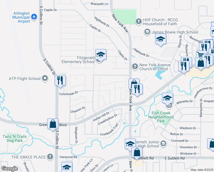 map of restaurants, bars, coffee shops, grocery stores, and more near 1621 Scottsdale Drive in Arlington