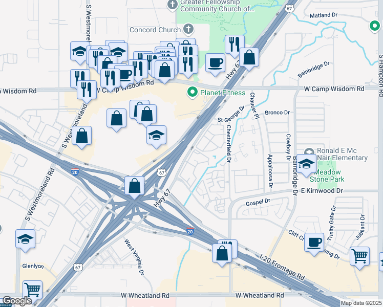 map of restaurants, bars, coffee shops, grocery stores, and more near 7296 Marvin D. Love Freeway in Dallas