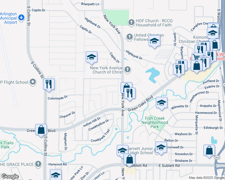 map of restaurants, bars, coffee shops, grocery stores, and more near 1802 Scottsdale Drive in Arlington