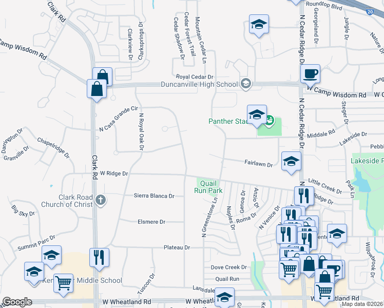 map of restaurants, bars, coffee shops, grocery stores, and more near 1120 Fairlawn Drive in Duncanville