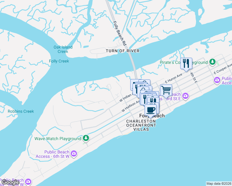 map of restaurants, bars, coffee shops, grocery stores, and more near 93 West 2nd Street in Folly Beach