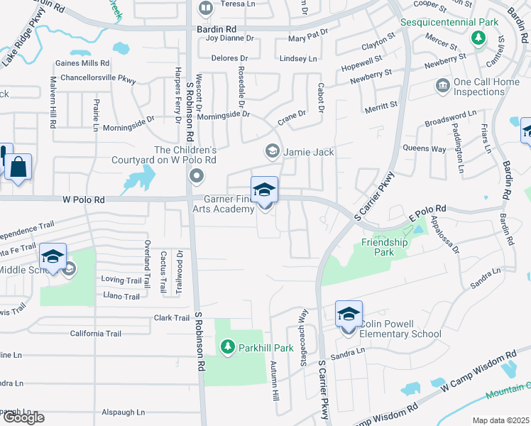 map of restaurants, bars, coffee shops, grocery stores, and more near 145 West Polo Road in Grand Prairie
