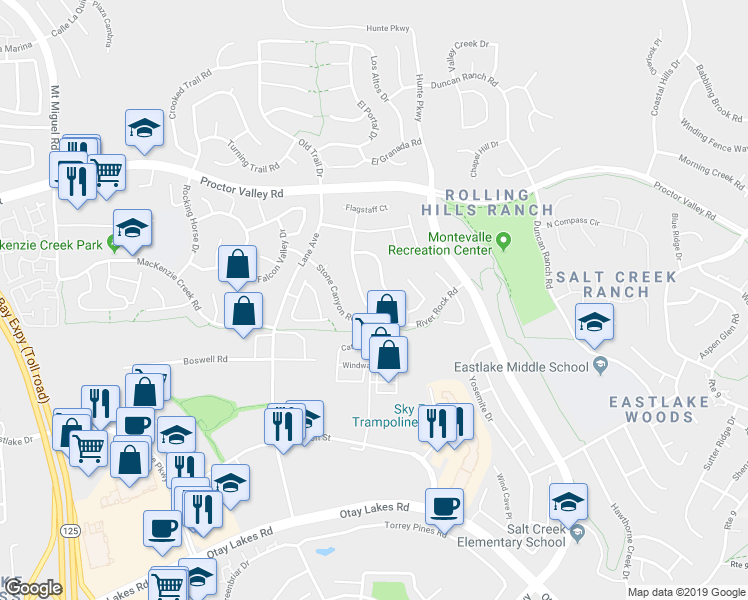 map of restaurants, bars, coffee shops, grocery stores, and more near 751 River Rock Road in Chula Vista