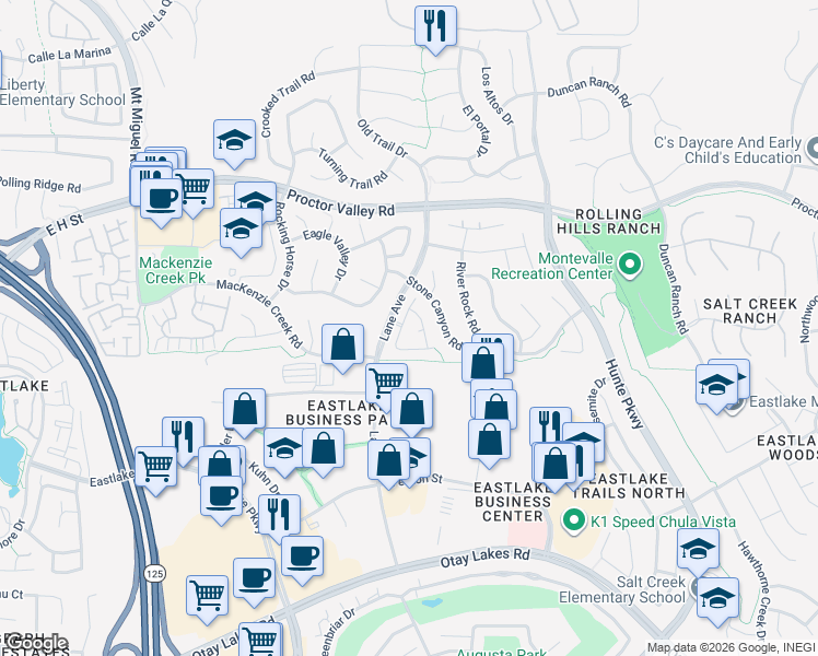 map of restaurants, bars, coffee shops, grocery stores, and more near 740 Whispering Trails Drive in Chula Vista