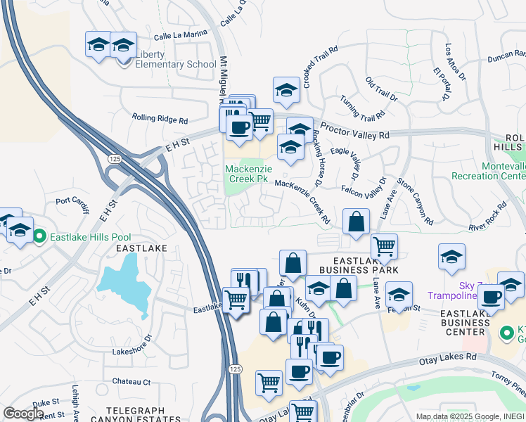 map of restaurants, bars, coffee shops, grocery stores, and more near 2290 Mackenzie Creek Road in Chula Vista