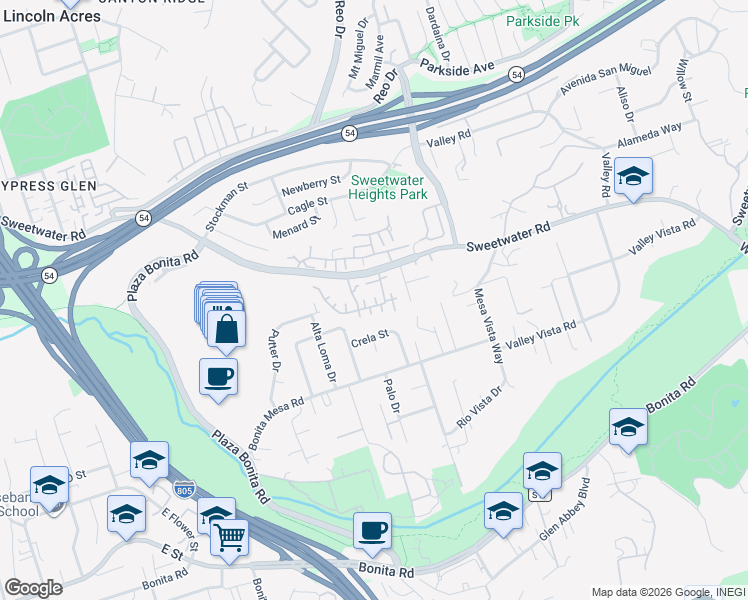 map of restaurants, bars, coffee shops, grocery stores, and more near 3226 Sweetwater Road in National City