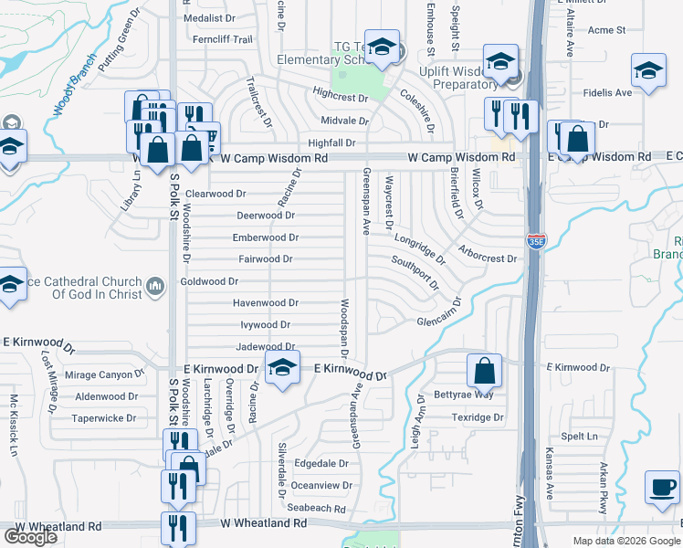 map of restaurants, bars, coffee shops, grocery stores, and more near 716 Fairwood Drive in Dallas