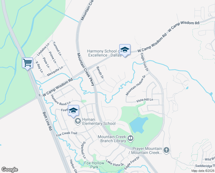 map of restaurants, bars, coffee shops, grocery stores, and more near 5633 Bandit Drive in Dallas