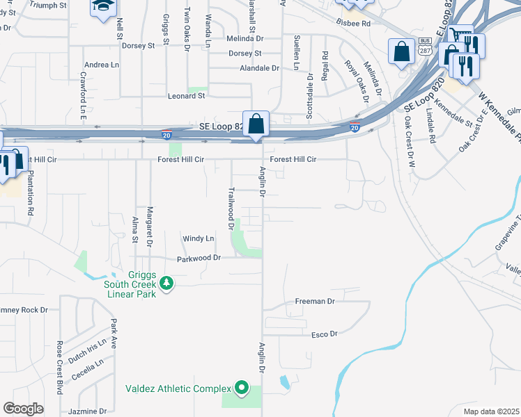 map of restaurants, bars, coffee shops, grocery stores, and more near 4724 Woody Lane in Forest Hill