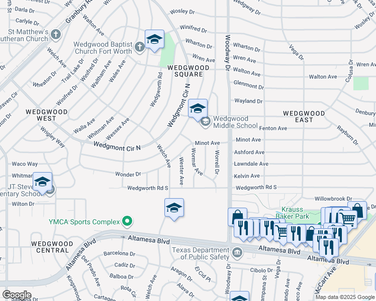 map of restaurants, bars, coffee shops, grocery stores, and more near 6001 Wormar Avenue in Fort Worth