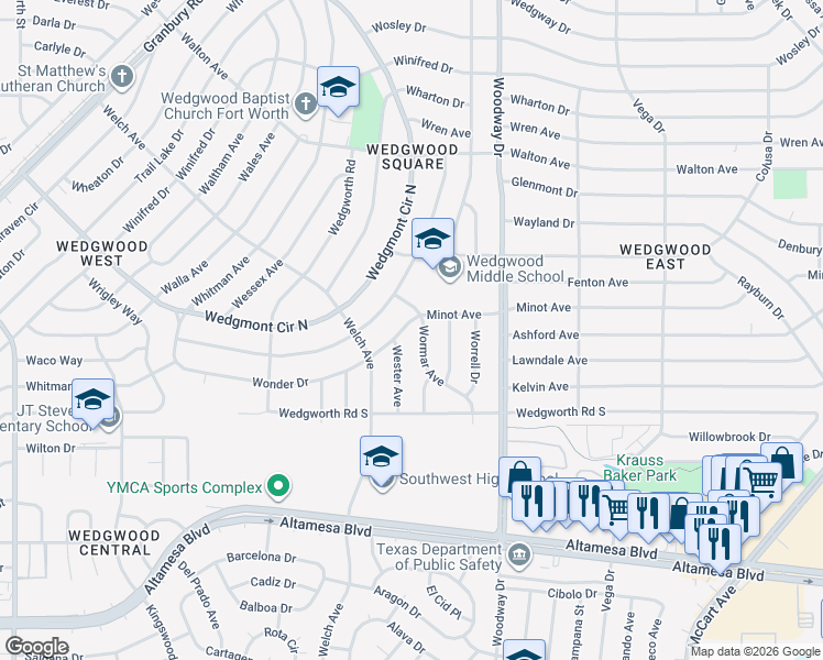 map of restaurants, bars, coffee shops, grocery stores, and more near 6001 Wormar Avenue in Fort Worth