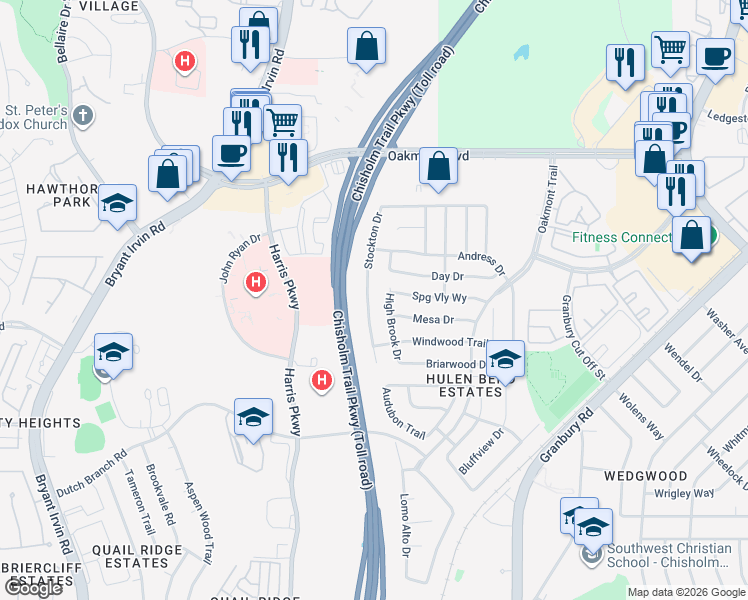 map of restaurants, bars, coffee shops, grocery stores, and more near 6337 Stockton Drive in Fort Worth