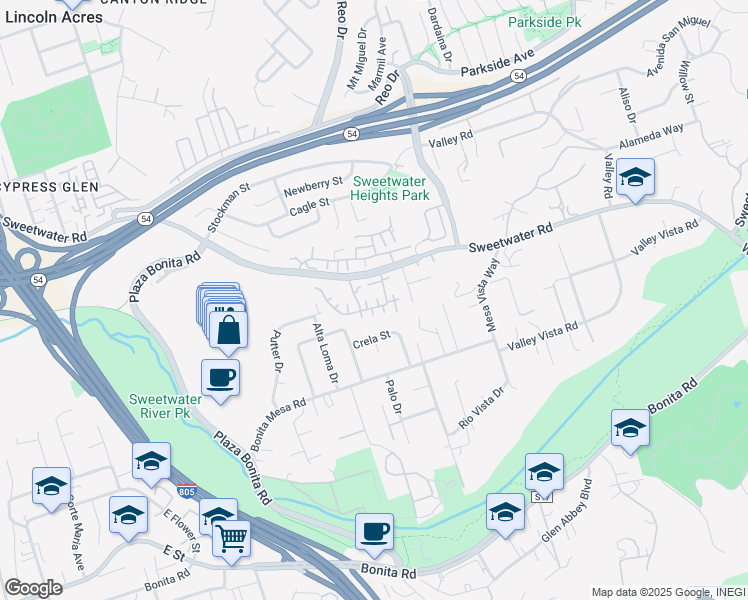map of restaurants, bars, coffee shops, grocery stores, and more near 3226 Sweetwater Road in National City
