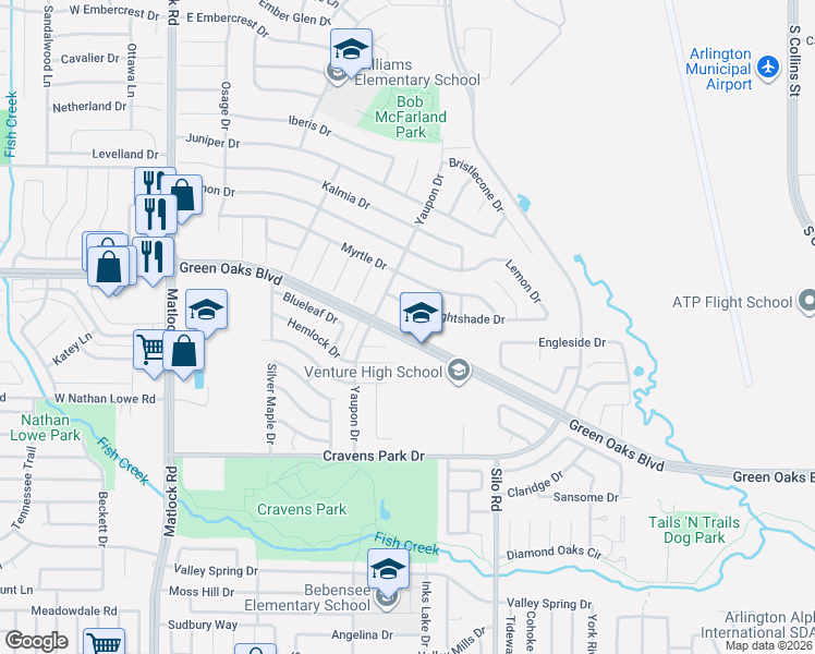 map of restaurants, bars, coffee shops, grocery stores, and more near 5303 Daffodil Court in Arlington