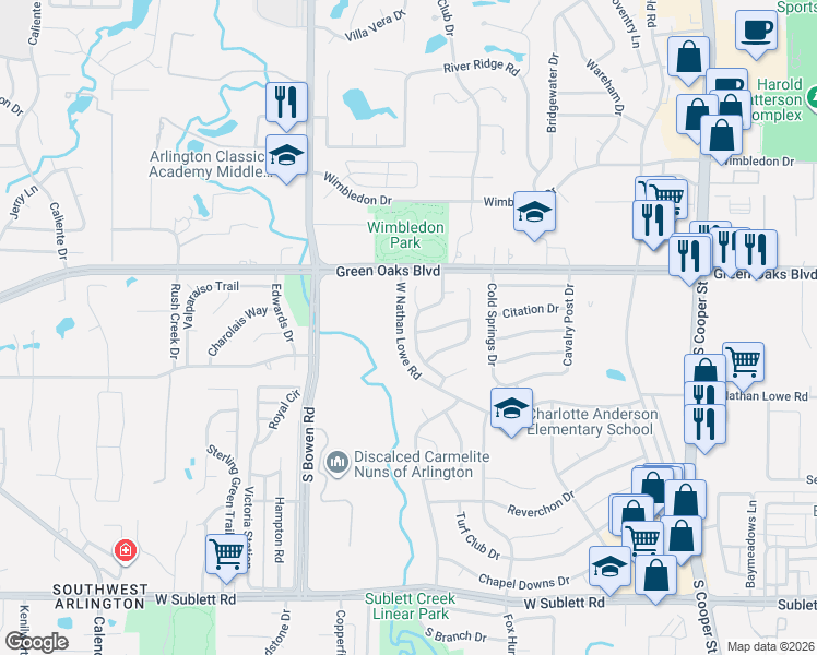 map of restaurants, bars, coffee shops, grocery stores, and more near 5422 Emerald Park Boulevard in Arlington