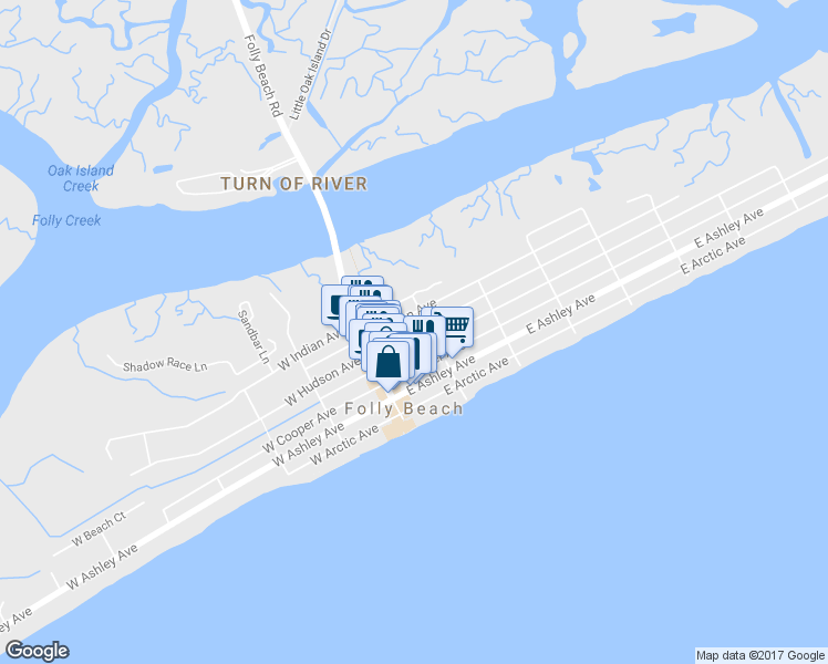 map of restaurants, bars, coffee shops, grocery stores, and more near 124 East Hudson Avenue in Folly Beach