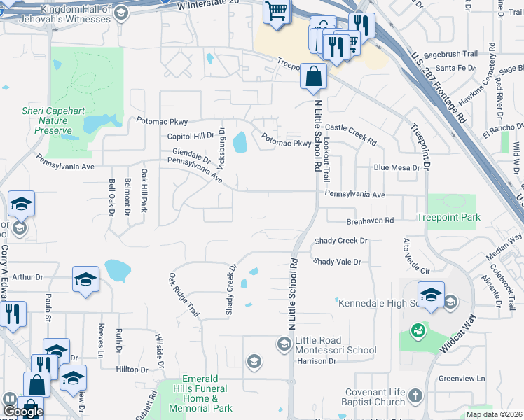 map of restaurants, bars, coffee shops, grocery stores, and more near 1009 Ohio Court in Kennedale