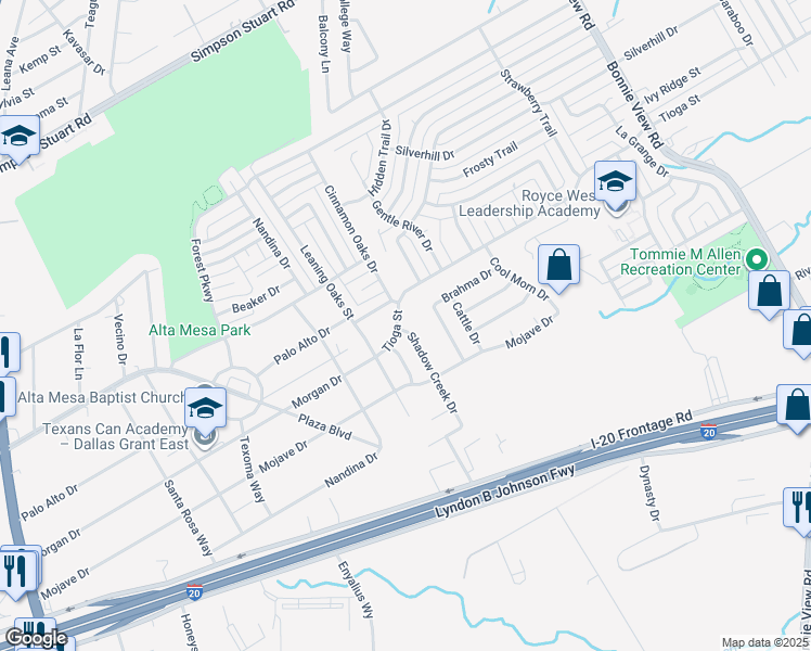 map of restaurants, bars, coffee shops, grocery stores, and more near 6605 Happy Trails Drive in Dallas
