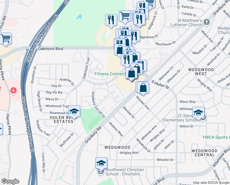 map of restaurants, bars, coffee shops, grocery stores, and more near 6208 Hulen Bend Circle in Fort Worth