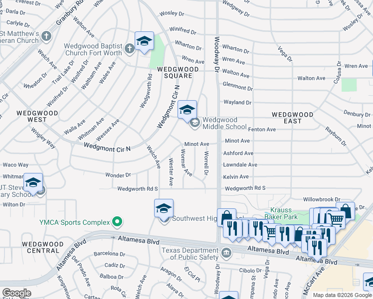 map of restaurants, bars, coffee shops, grocery stores, and more near 6001 Wormar Avenue in Fort Worth