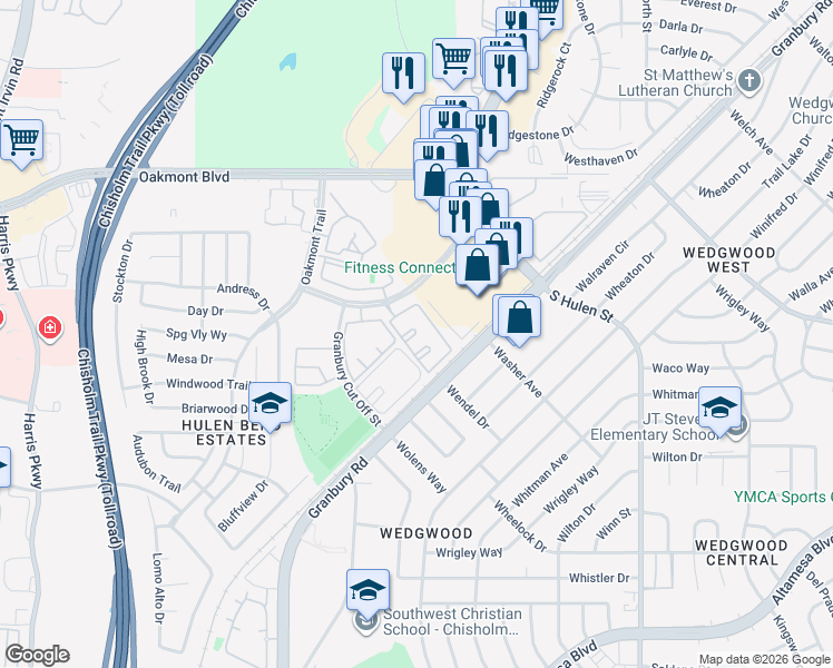 map of restaurants, bars, coffee shops, grocery stores, and more near 6208 Hulen Bend Circle in Fort Worth