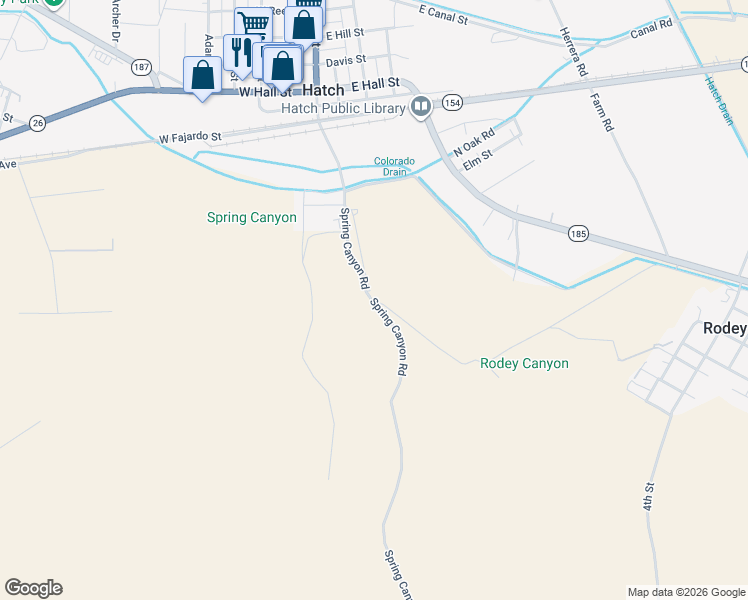 map of restaurants, bars, coffee shops, grocery stores, and more near 434 Spring Canyon Road in Hatch