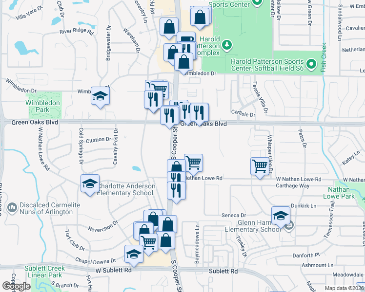 map of restaurants, bars, coffee shops, grocery stores, and more near 5471 South Cooper Street in Arlington