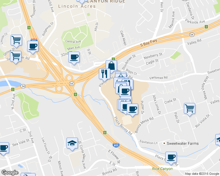 map of restaurants, bars, coffee shops, grocery stores, and more near 2980 Plaza Bonita Rd in National City