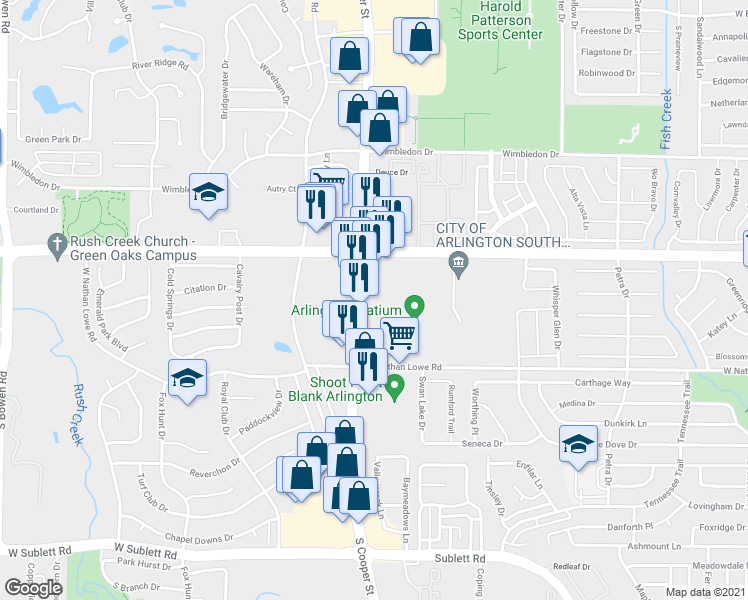 map of restaurants, bars, coffee shops, grocery stores, and more near 5471 South Cooper Street in Arlington