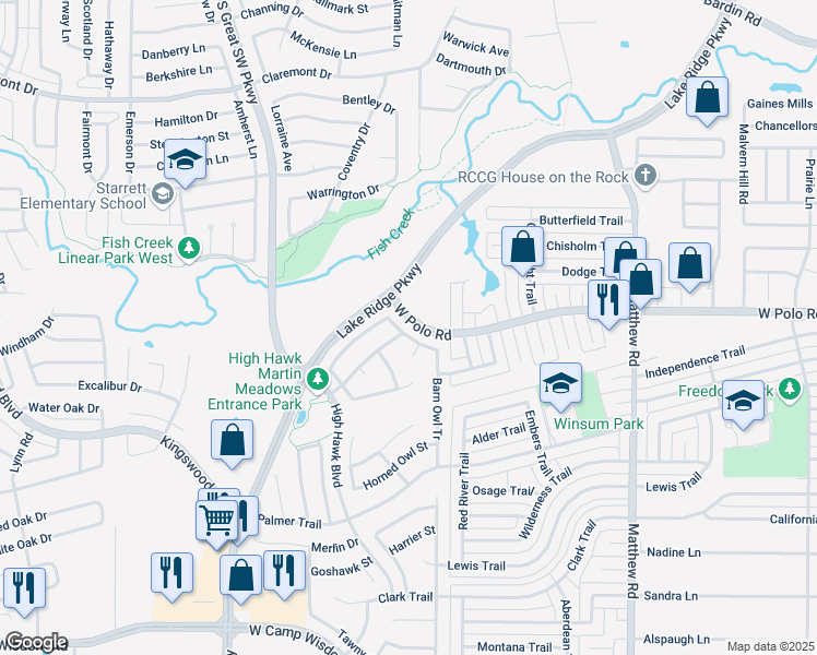 map of restaurants, bars, coffee shops, grocery stores, and more near 2228 Snowy Owl St in Grand Prairie