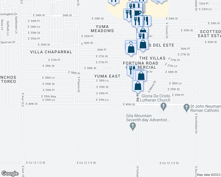 map of restaurants, bars, coffee shops, grocery stores, and more near 10715 East 39th Street in Yuma