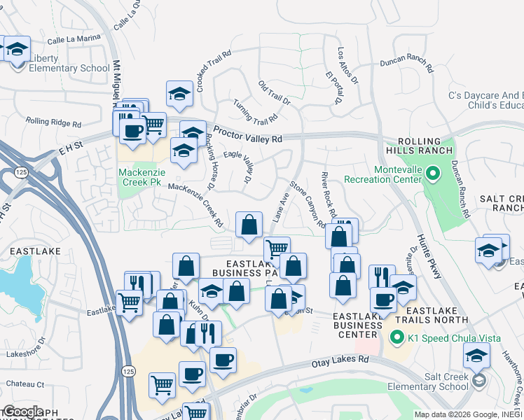 map of restaurants, bars, coffee shops, grocery stores, and more near 2486 Falcon Valley Drive in Chula Vista