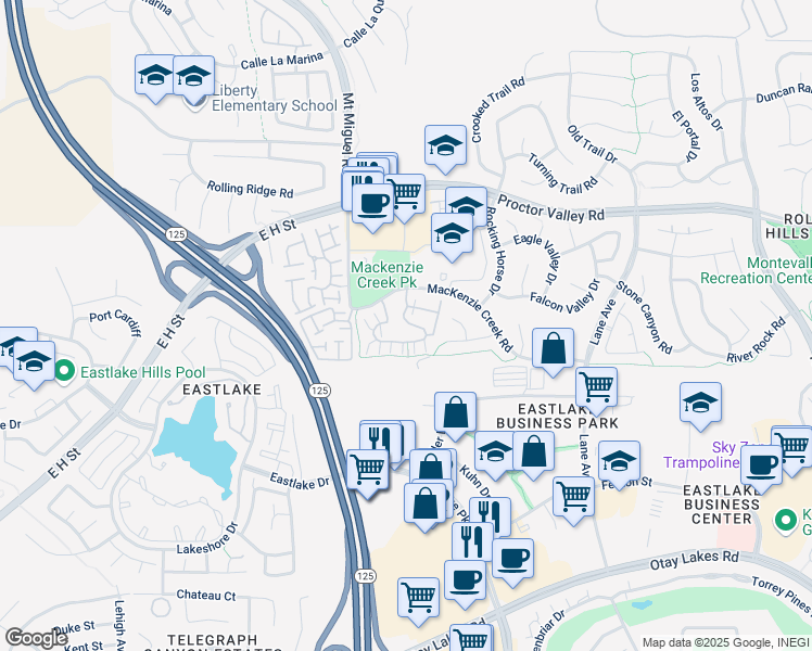 map of restaurants, bars, coffee shops, grocery stores, and more near 2290 Mackenzie Creek Road in Chula Vista