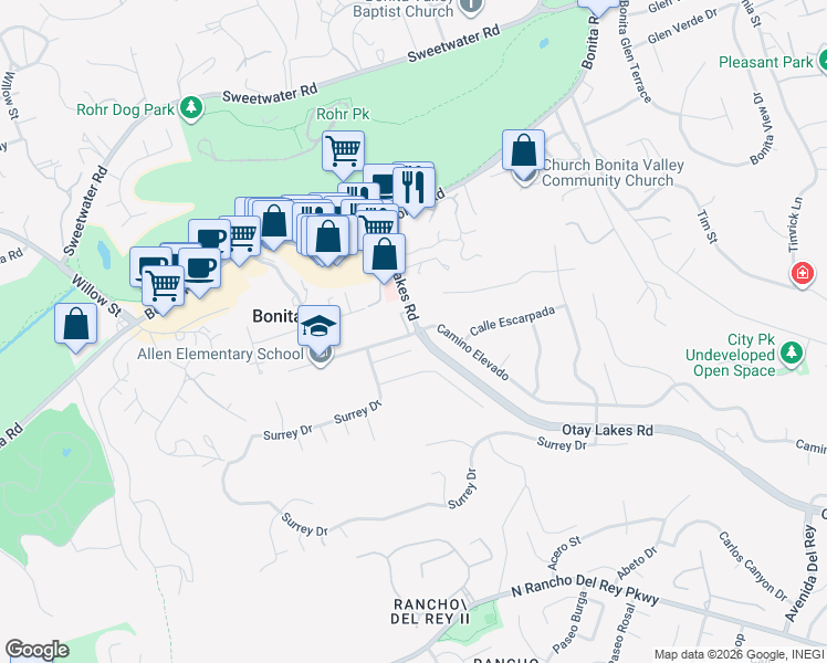 map of restaurants, bars, coffee shops, grocery stores, and more near 5064 Central Avenue in Bonita