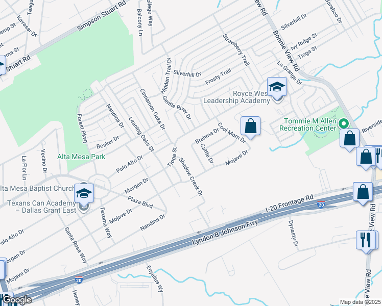 map of restaurants, bars, coffee shops, grocery stores, and more near 6605 Happy Trails Drive in Dallas