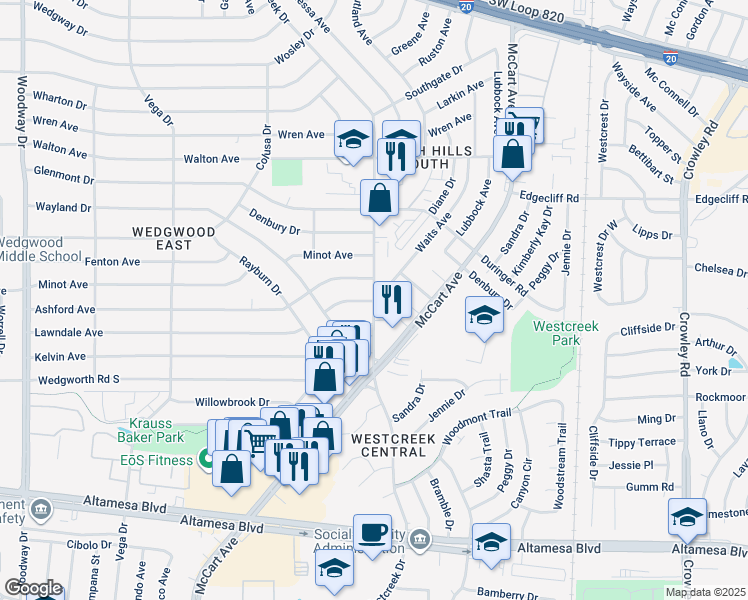 map of restaurants, bars, coffee shops, grocery stores, and more near 3200 Lawndale Avenue in Fort Worth