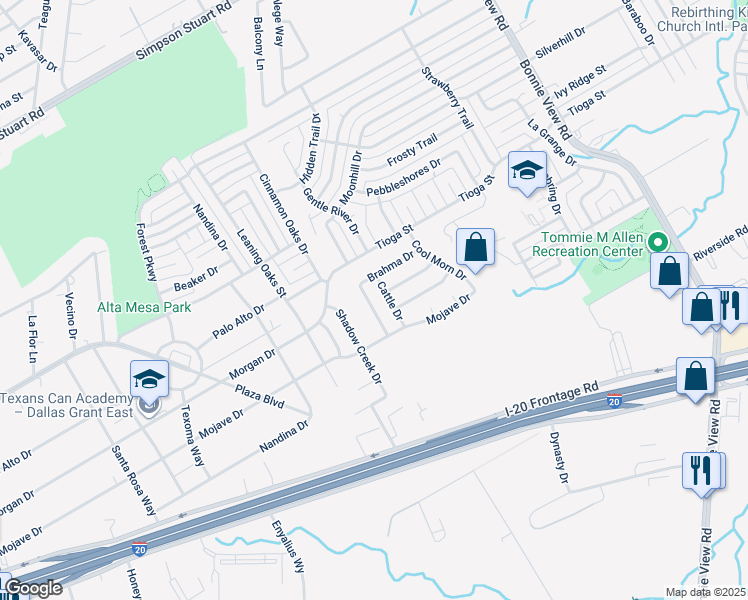 map of restaurants, bars, coffee shops, grocery stores, and more near 6624 Happy Trails Drive in Dallas