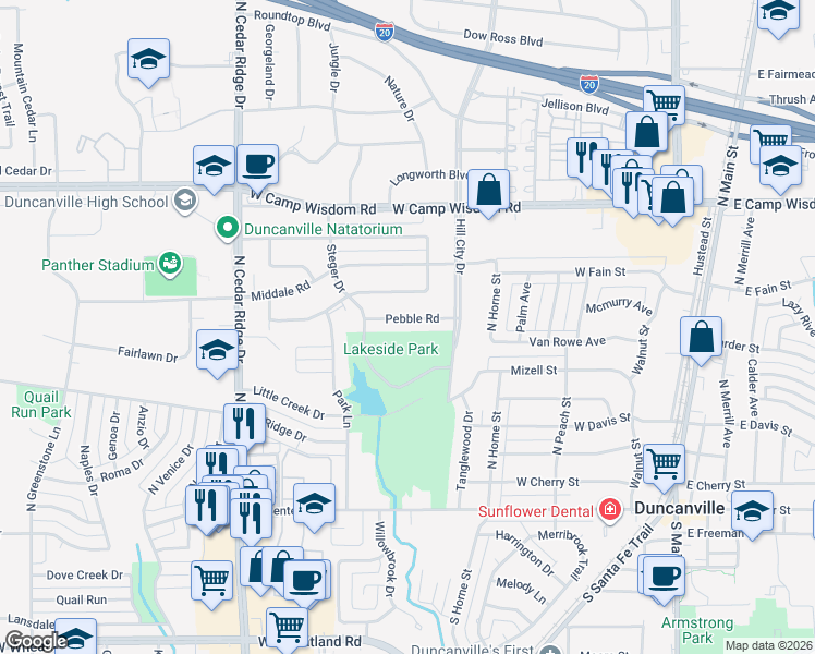 map of restaurants, bars, coffee shops, grocery stores, and more near 538 Pebble Road in Duncanville