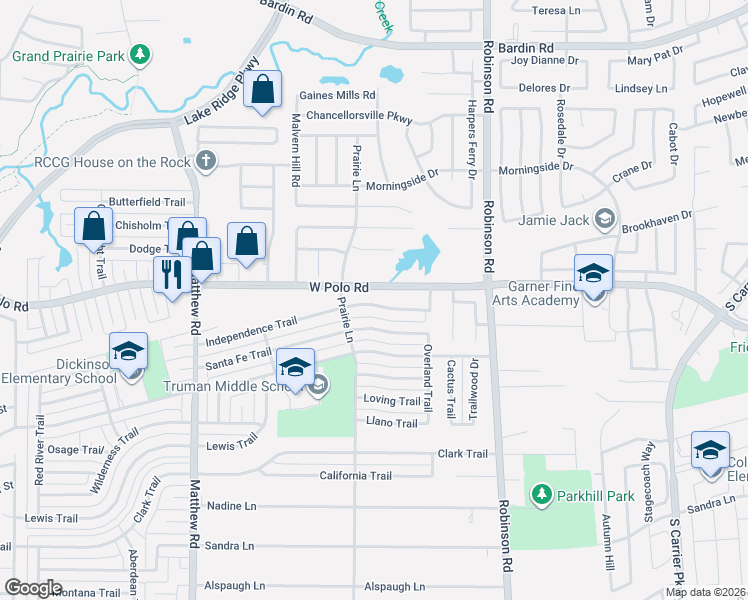 map of restaurants, bars, coffee shops, grocery stores, and more near 1302 Independence Trail in Grand Prairie