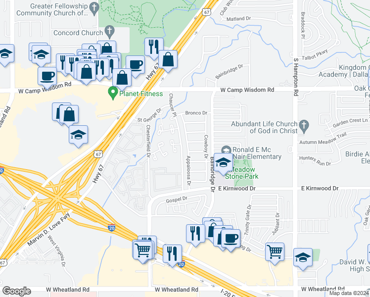 map of restaurants, bars, coffee shops, grocery stores, and more near 3015 Appaloosa Drive in Dallas