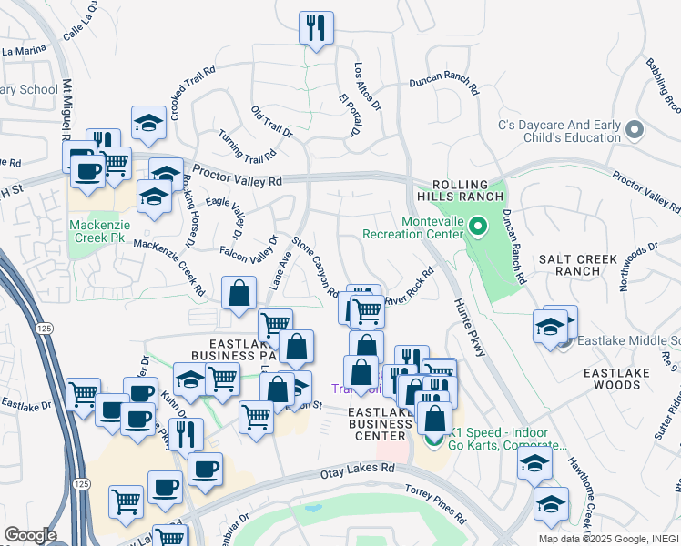 map of restaurants, bars, coffee shops, grocery stores, and more near 756 River Rock Road in Chula Vista