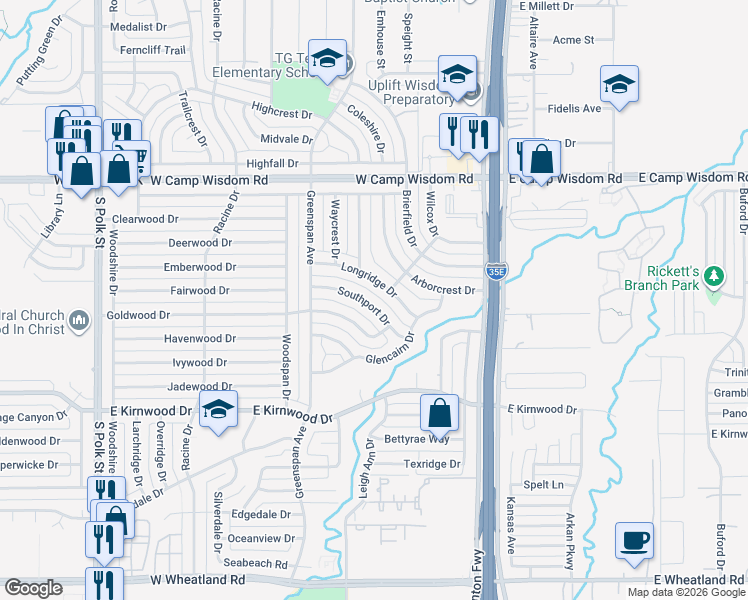 map of restaurants, bars, coffee shops, grocery stores, and more near 447 Southport Drive in Dallas