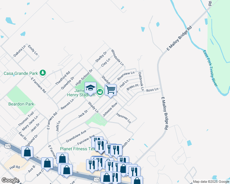 map of restaurants, bars, coffee shops, grocery stores, and more near 801 Shadybrook Lane in Seagoville