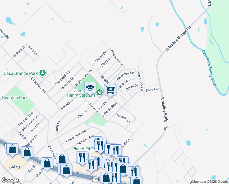 map of restaurants, bars, coffee shops, grocery stores, and more near 801 Shadybrook Lane in Seagoville