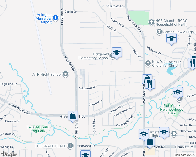 map of restaurants, bars, coffee shops, grocery stores, and more near 1419 Forest Valley Drive in Arlington