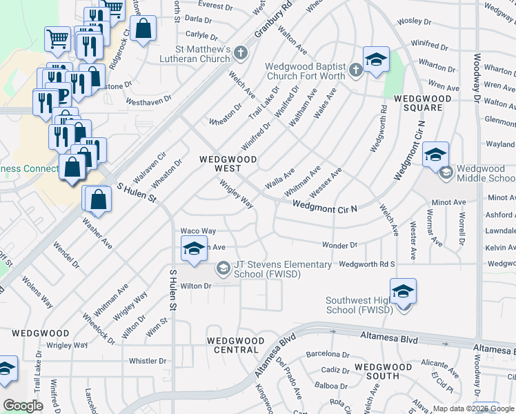 map of restaurants, bars, coffee shops, grocery stores, and more near 6049 Wrigley Way in Fort Worth