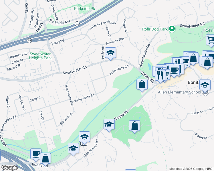 map of restaurants, bars, coffee shops, grocery stores, and more near 3698 Valley Vista Road in Bonita