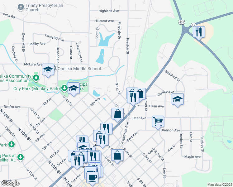 map of restaurants, bars, coffee shops, grocery stores, and more near 1003 North 1st Street in Opelika