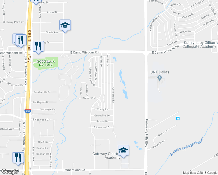 map of restaurants, bars, coffee shops, grocery stores, and more near 7423 Amber Drive in Dallas